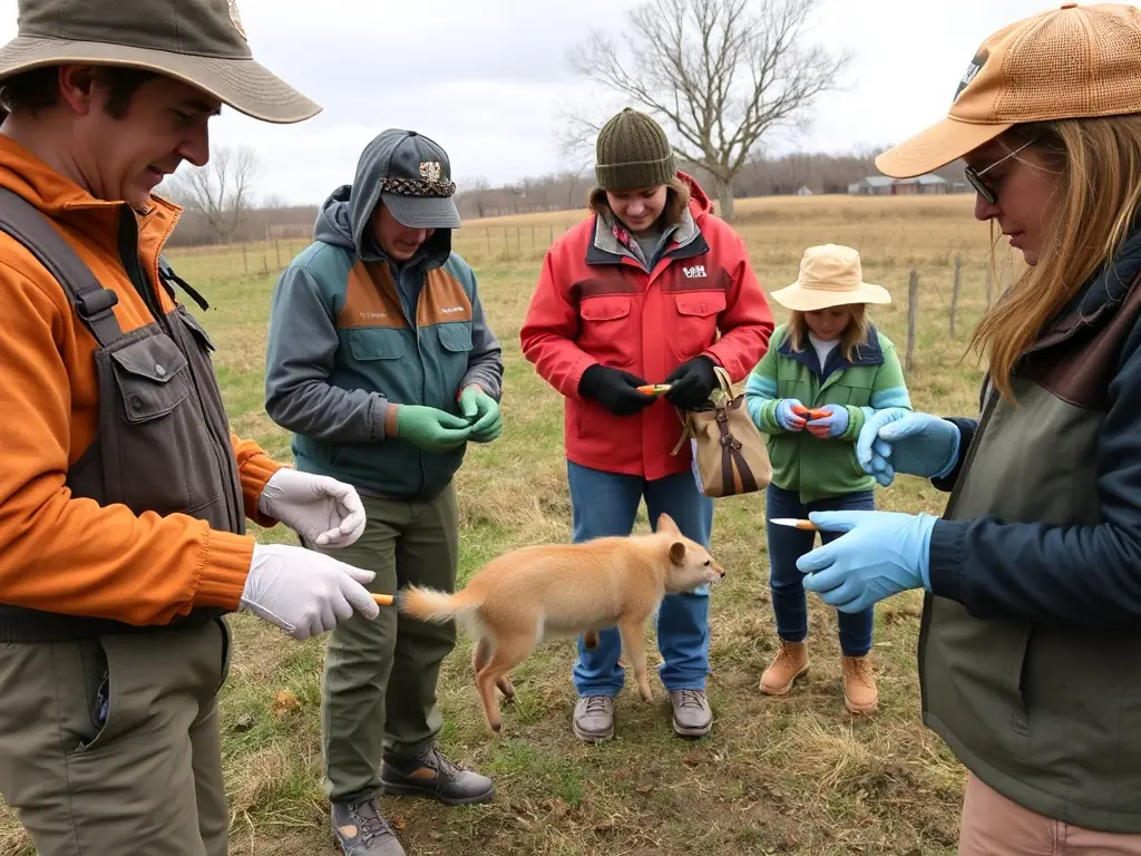 A group of association members participating in a nuisance species control program, demonstrating responsible management and community involvement. The image shows safe and ethical practices.