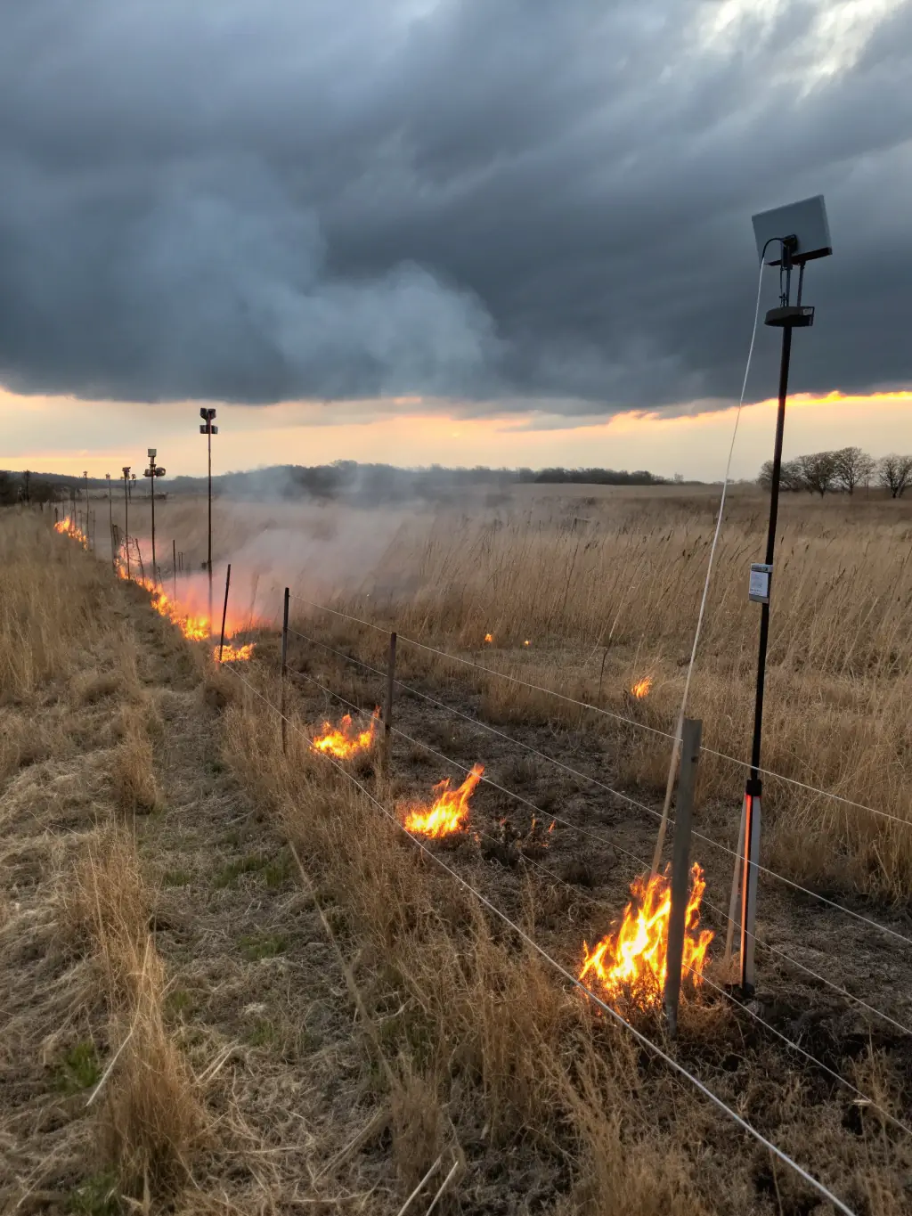 A picture of a controlled burn being conducted in a grassland area, demonstrating the use of fire to manage vegetation and improve habitat for game species.