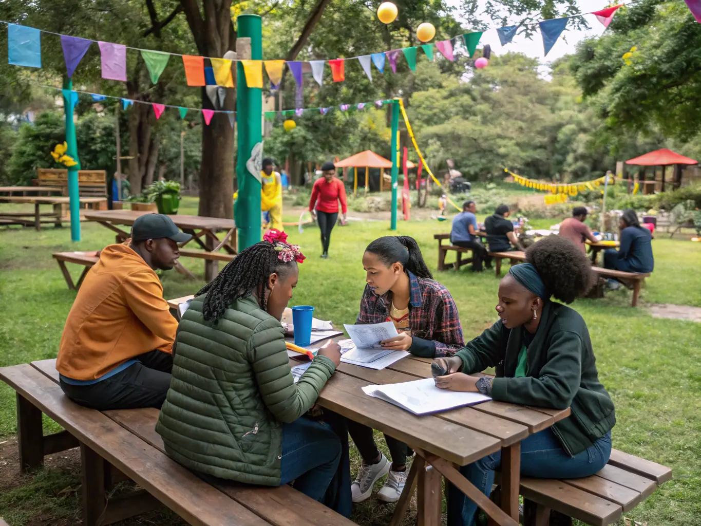 A community outreach event organized by the association, featuring educational displays and interactive activities related to wildlife conservation and responsible hunting practices. Families and children are participating.