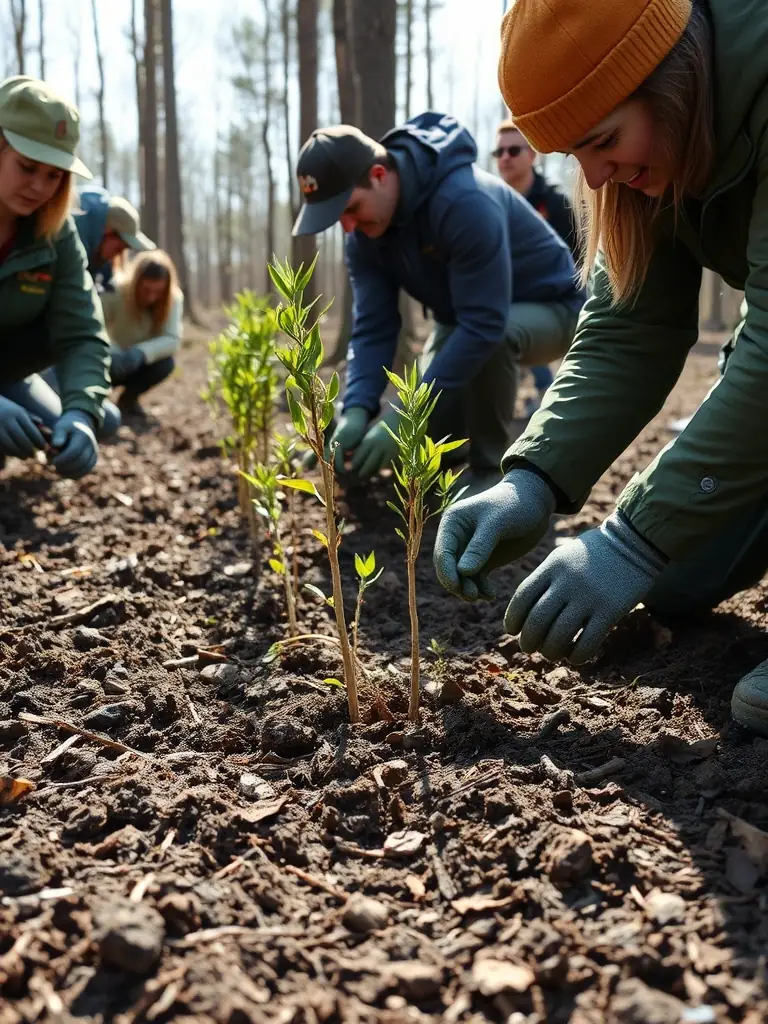 A photograph depicting a group of volunteers planting native trees in a managed forest area, illustrating habitat restoration efforts for wildlife.